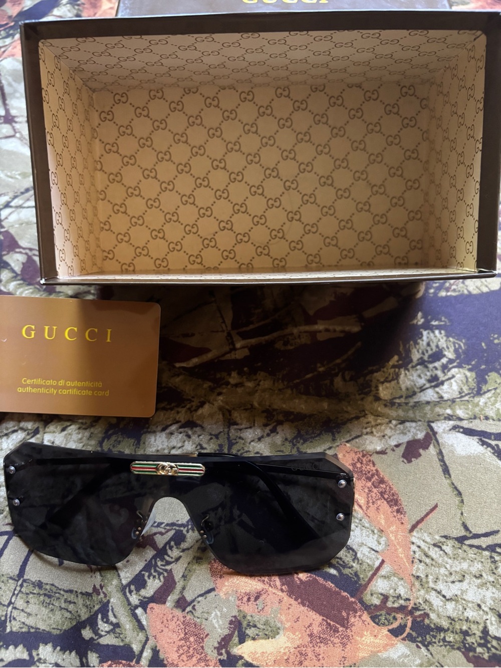 Gucci Black Shield Sunglasses with Gold and Green-Red Stripe Accent